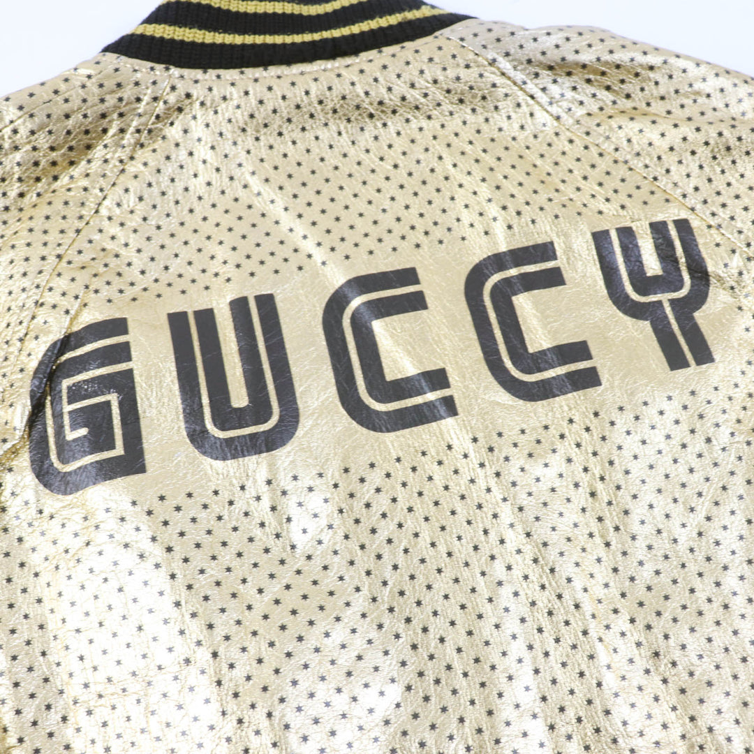 Great GUCCI Bomber jacket Lambskin GUCCY back logo gold Sheep leather Women 38 519455
