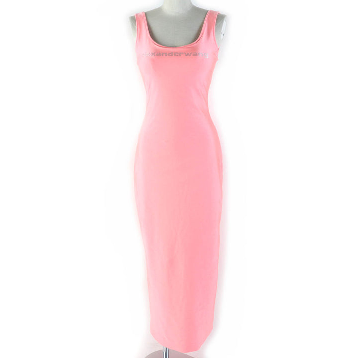 Great Alexander Wang dress Crystal logo stretch satin jersey maxi Coral pink Nylon Women S
