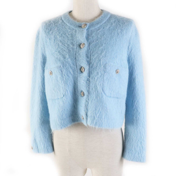 Excellent CHANEL cardigan Rhinestone COCO Button Light blue cashmere Women 36 P62193 19B