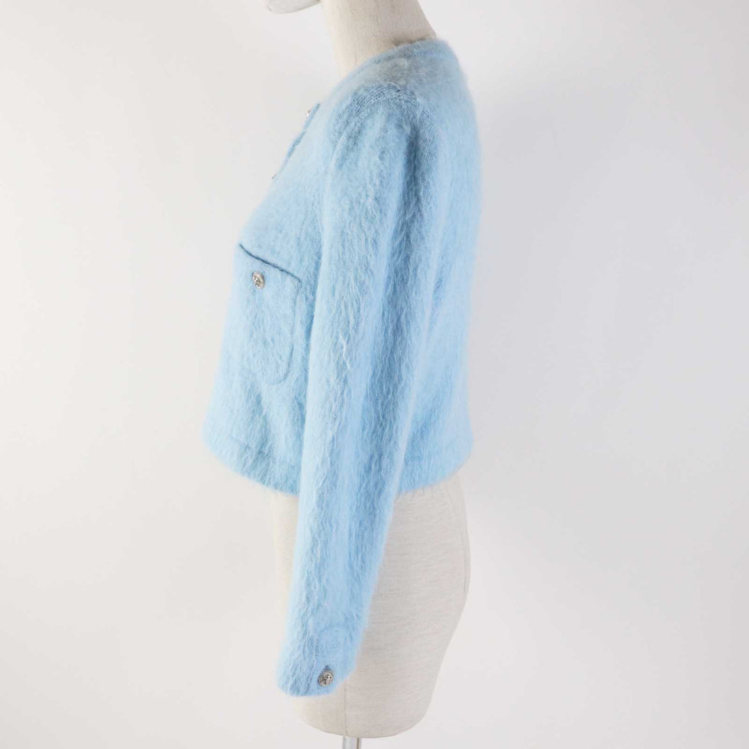 Excellent CHANEL cardigan Rhinestone COCO Button Light blue cashmere Women 36 P62193 19B