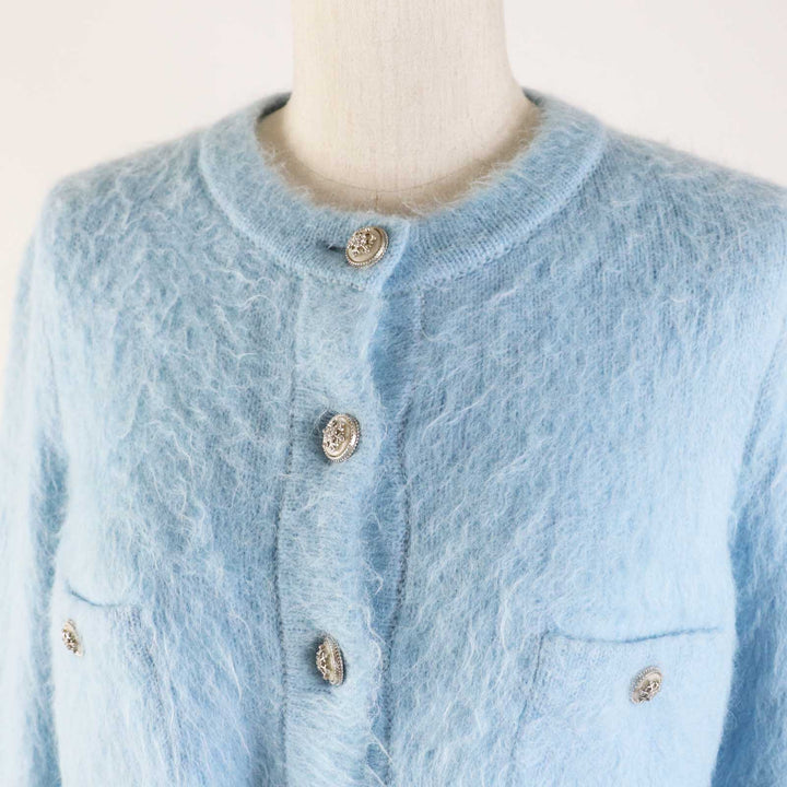 Excellent CHANEL cardigan Rhinestone COCO Button Light blue cashmere Women 36 P62193 19B