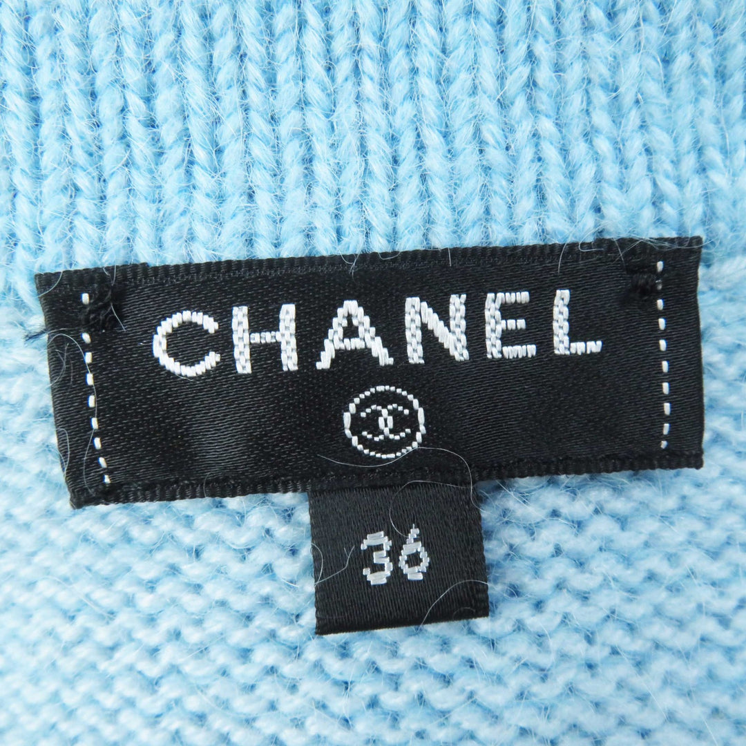 Excellent CHANEL cardigan Rhinestone COCO Button Light blue cashmere Women 36 P62193 19B