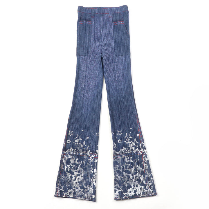 Excellent PLEATS PLEASE Pants Star Print Flare blue polyester Women 2 PP22-JF811