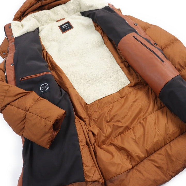 Excellent EMMETI Down jacket BORDEAUX Hooded down coat with shearling and leather Brown Nylon mens M 505912