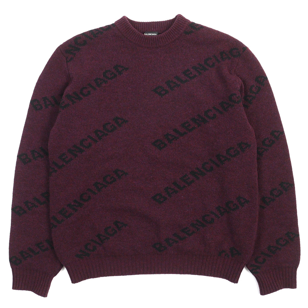 Excellent BALENCIAGA knit ALL OVER LOGO Round neck Bordeaux Black wool mens M 534493