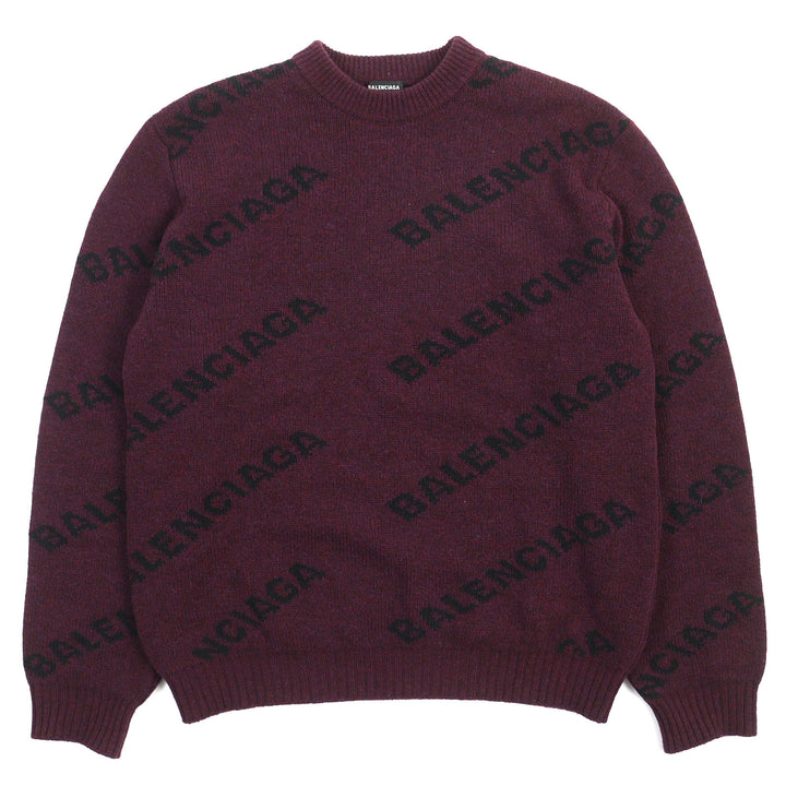 Excellent BALENCIAGA knit ALL OVER LOGO Round neck Bordeaux Black wool mens M 534493