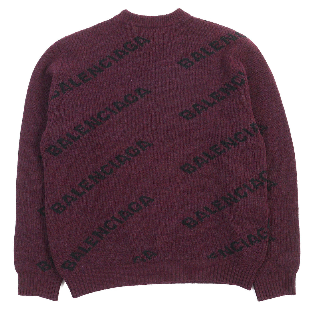Excellent BALENCIAGA knit ALL OVER LOGO Round neck Bordeaux Black wool mens M 534493