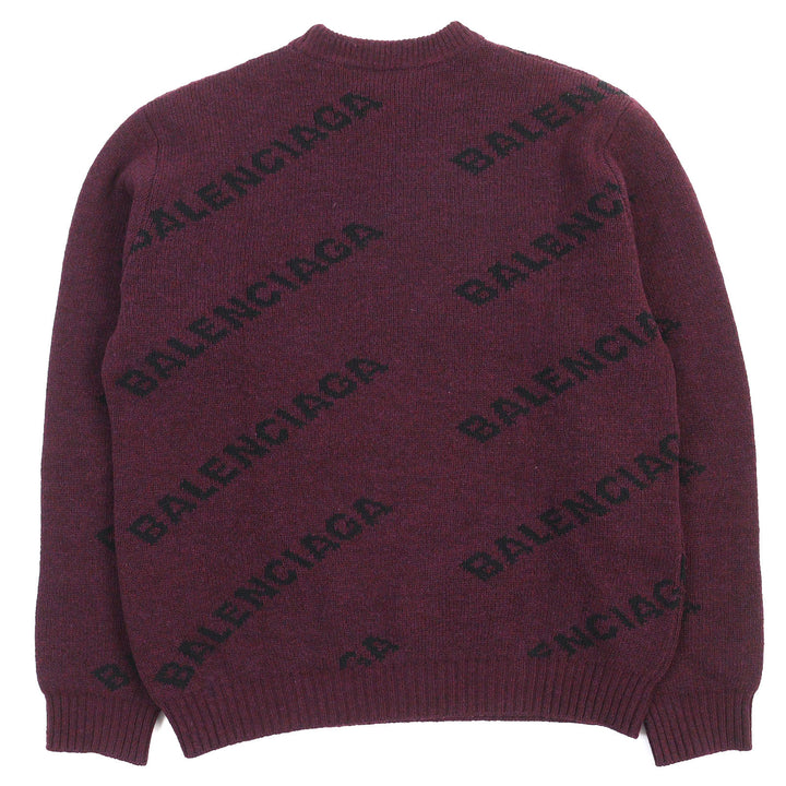 Excellent BALENCIAGA knit ALL OVER LOGO Round neck Bordeaux Black wool mens M 534493