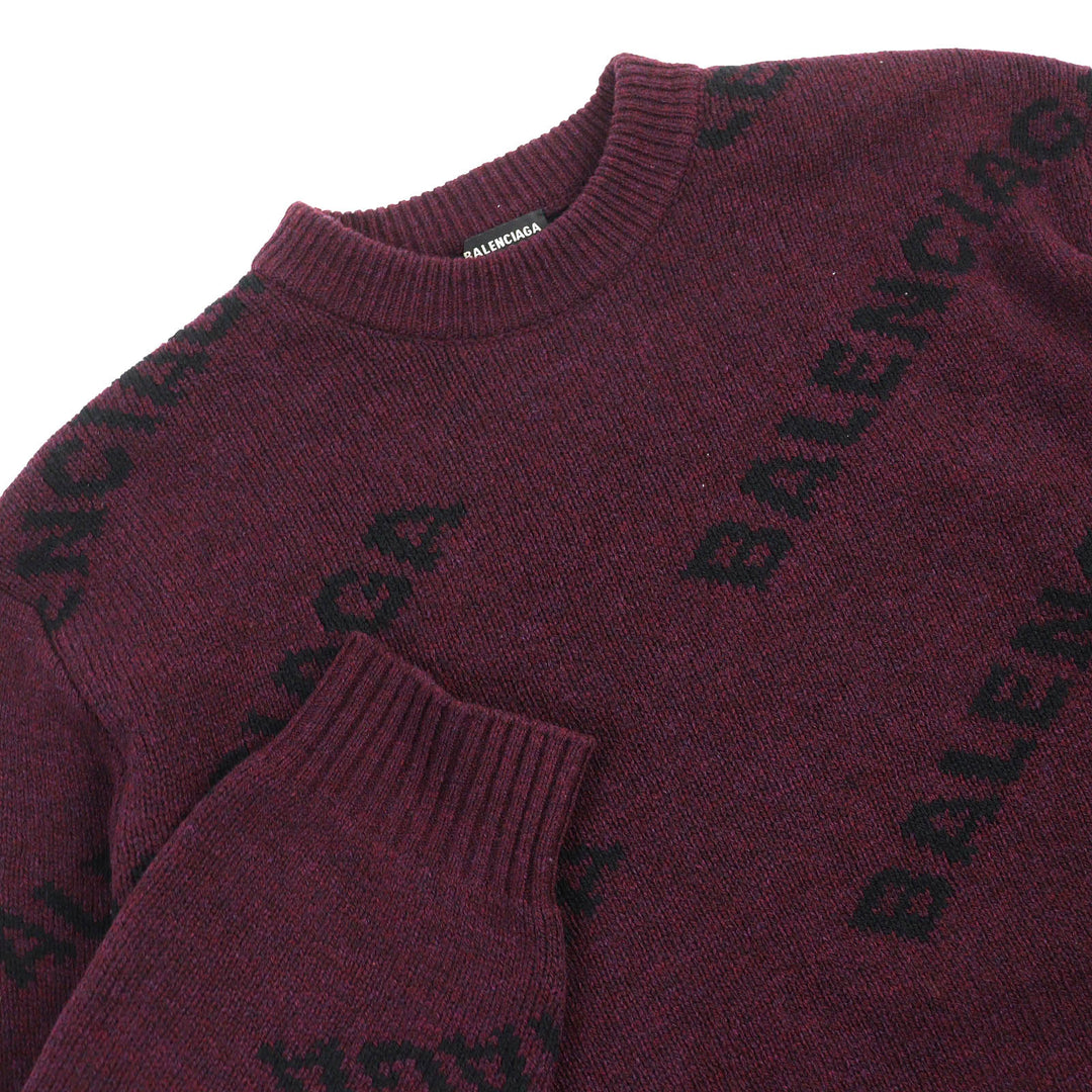 Excellent BALENCIAGA knit ALL OVER LOGO Round neck Bordeaux Black wool mens M 534493