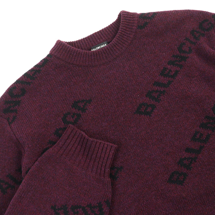 Excellent BALENCIAGA knit ALL OVER LOGO Round neck Bordeaux Black wool mens M 534493