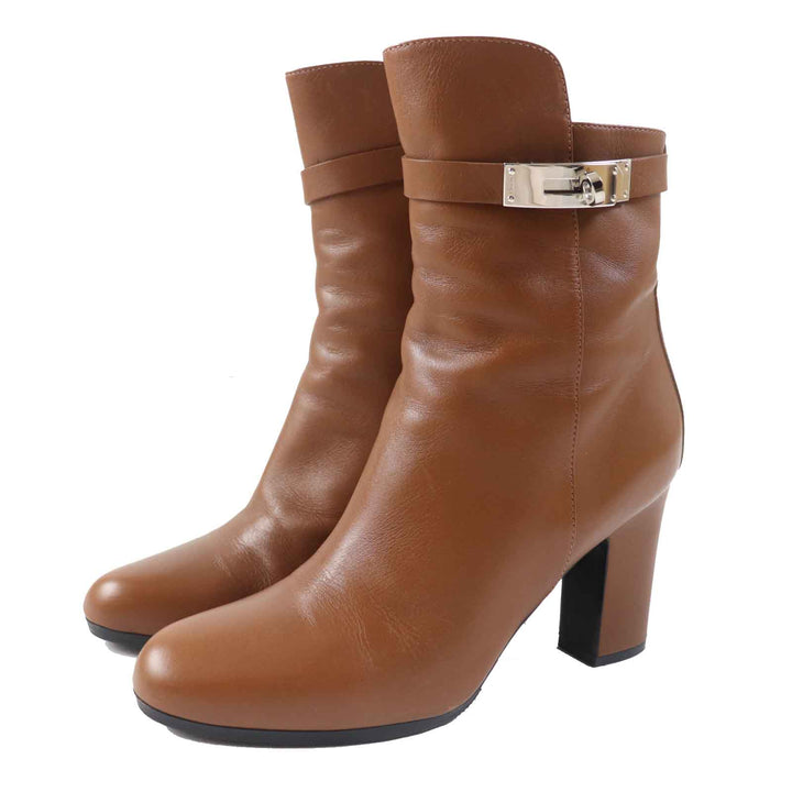 Great HERMES short boots JOUEUSE Kelly Metal Brown leather Women 38.5