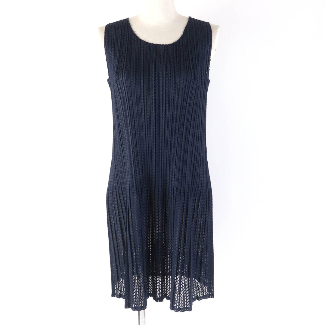 Excellent PLEATS PLEASE one piece Crew neck sleeveless mesh flare tunic Dark navy polyester Women 3 PP11-JT685