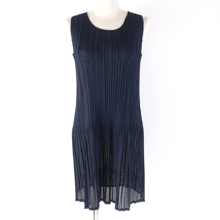 Excellent PLEATS PLEASE one piece Crew neck sleeveless mesh flare tunic Dark navy polyester Women 3 PP11-JT685