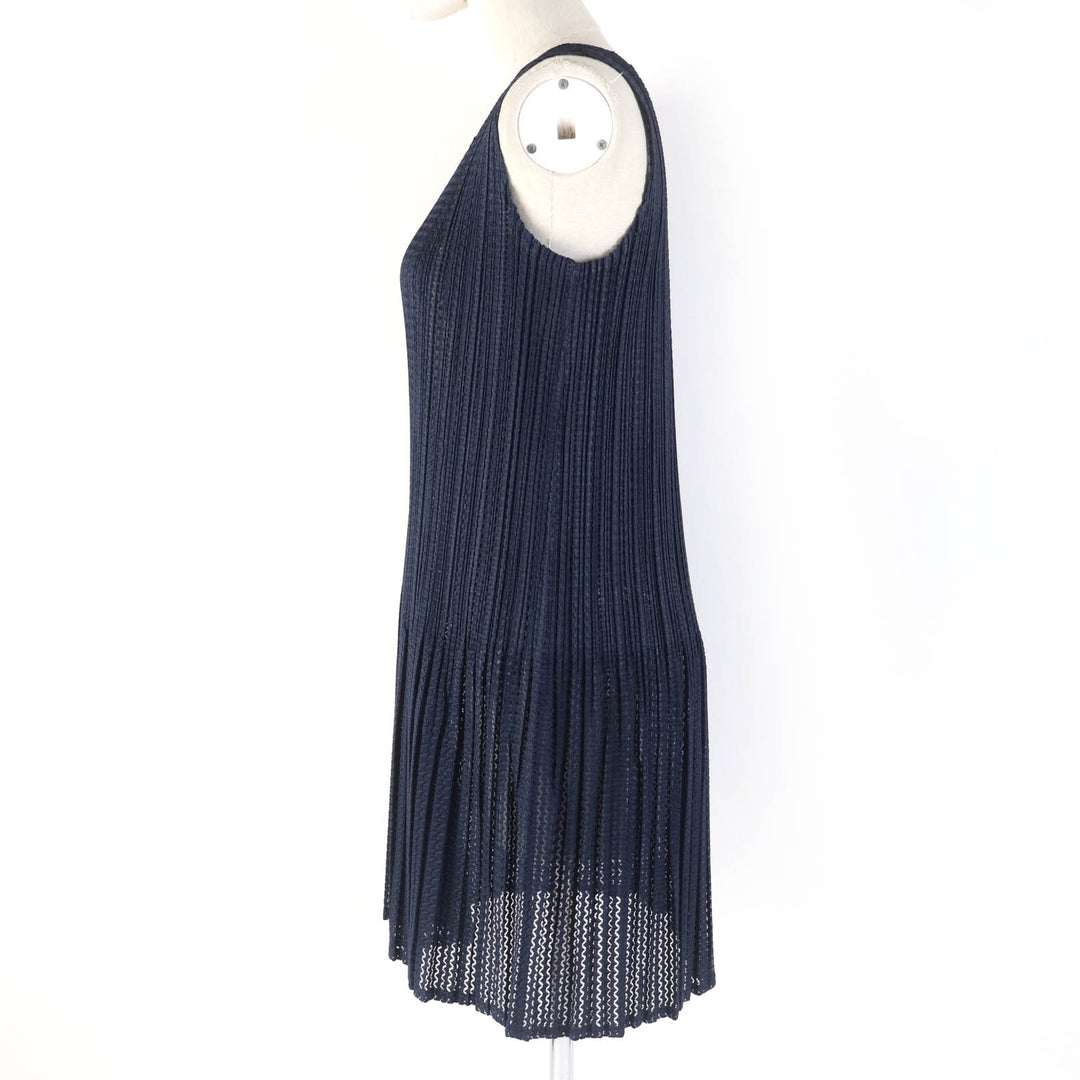 Excellent PLEATS PLEASE one piece Crew neck sleeveless mesh flare tunic Dark navy polyester Women 3 PP11-JT685