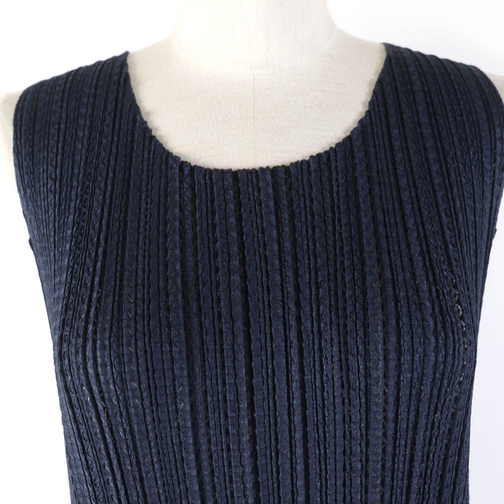 Excellent PLEATS PLEASE one piece Crew neck sleeveless mesh flare tunic Dark navy polyester Women 3 PP11-JT685