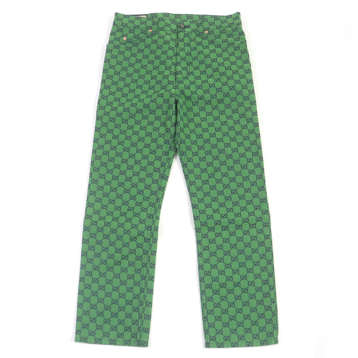 Excellent GUCCI Denim pants GG jacquard all-over print bottoms green mens 30 623953