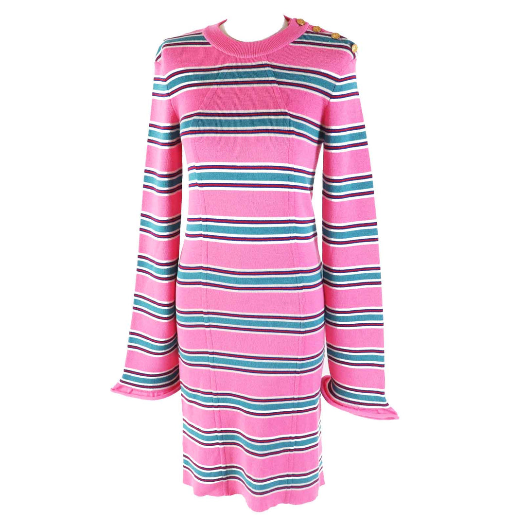 Excellent LOUIS VUITTON one piece Gold logo button LV striped sleeve dress wool Women M