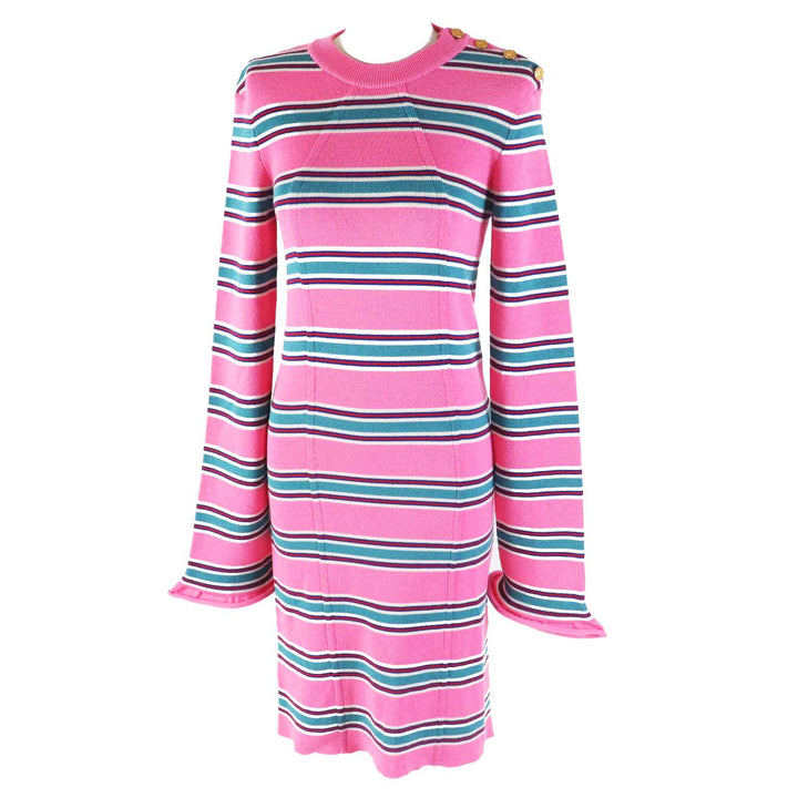 Excellent LOUIS VUITTON one piece Gold logo button LV striped sleeve dress wool Women M