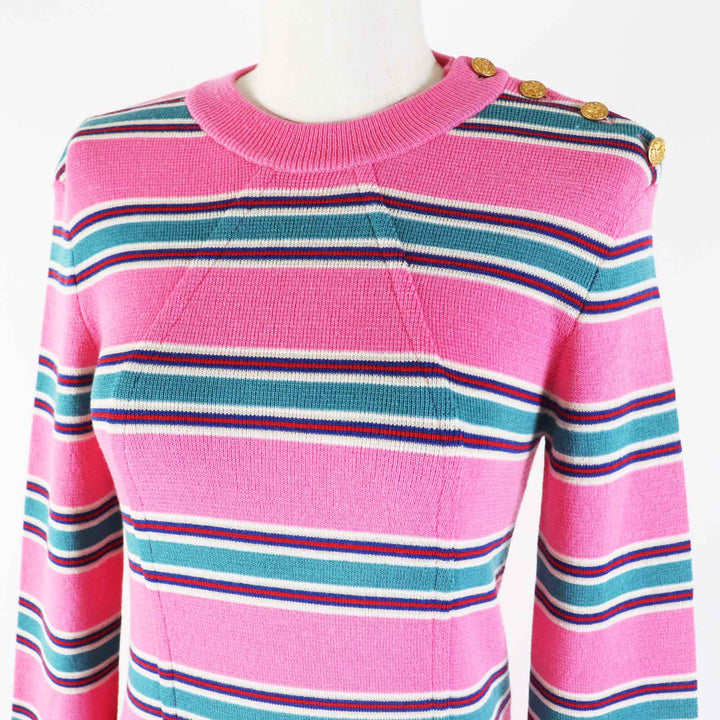 Excellent LOUIS VUITTON one piece Gold logo button LV striped sleeve dress wool Women M