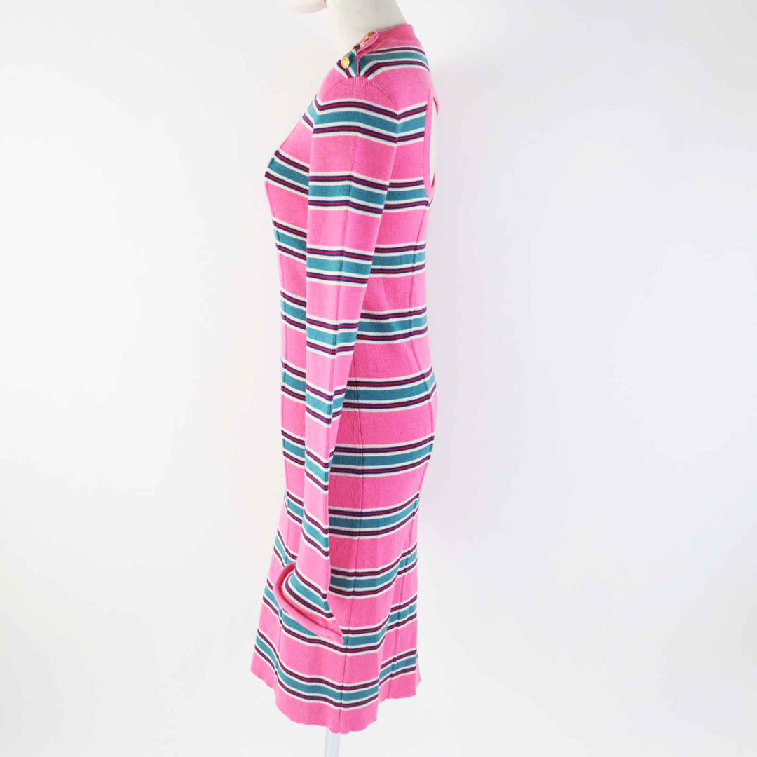 Excellent LOUIS VUITTON one piece Gold logo button LV striped sleeve dress wool Women M