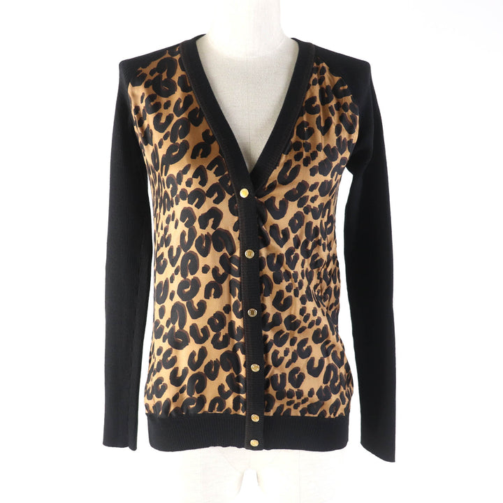 Great LOUIS VUITTON cardigan Leopard silk V-neck with logo button Black brown Women XS