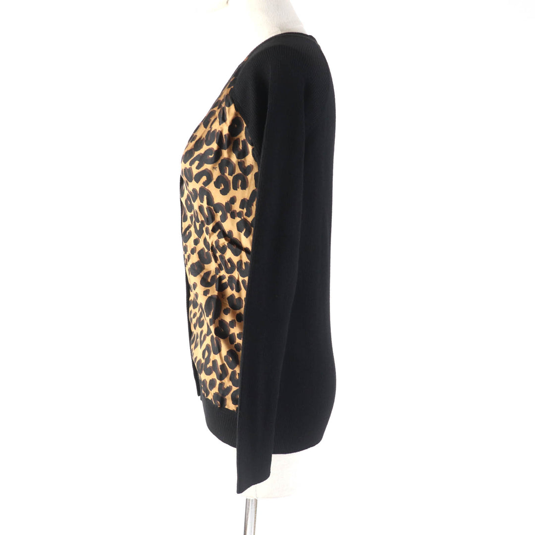 Great LOUIS VUITTON cardigan Leopard silk V-neck with logo button Black brown Women XS