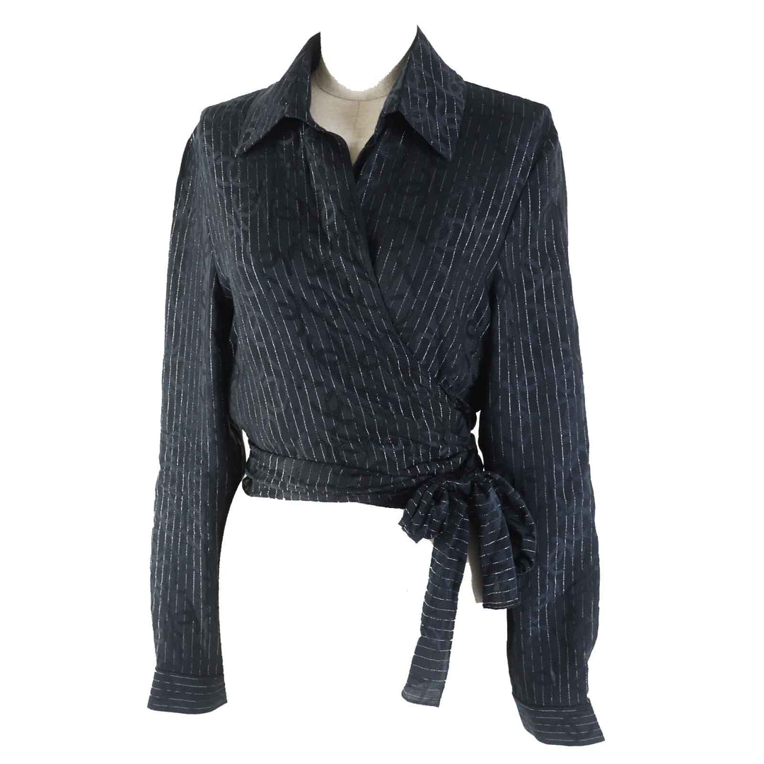 Great CHANEL Long sleeve shirt COCO Mark Black Silver silk Women 40 23P P74411