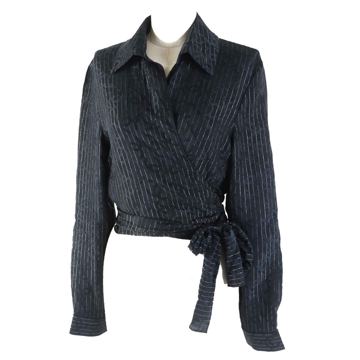 Great CHANEL Long sleeve shirt COCO Mark Black Silver silk Women 40 23P P74411