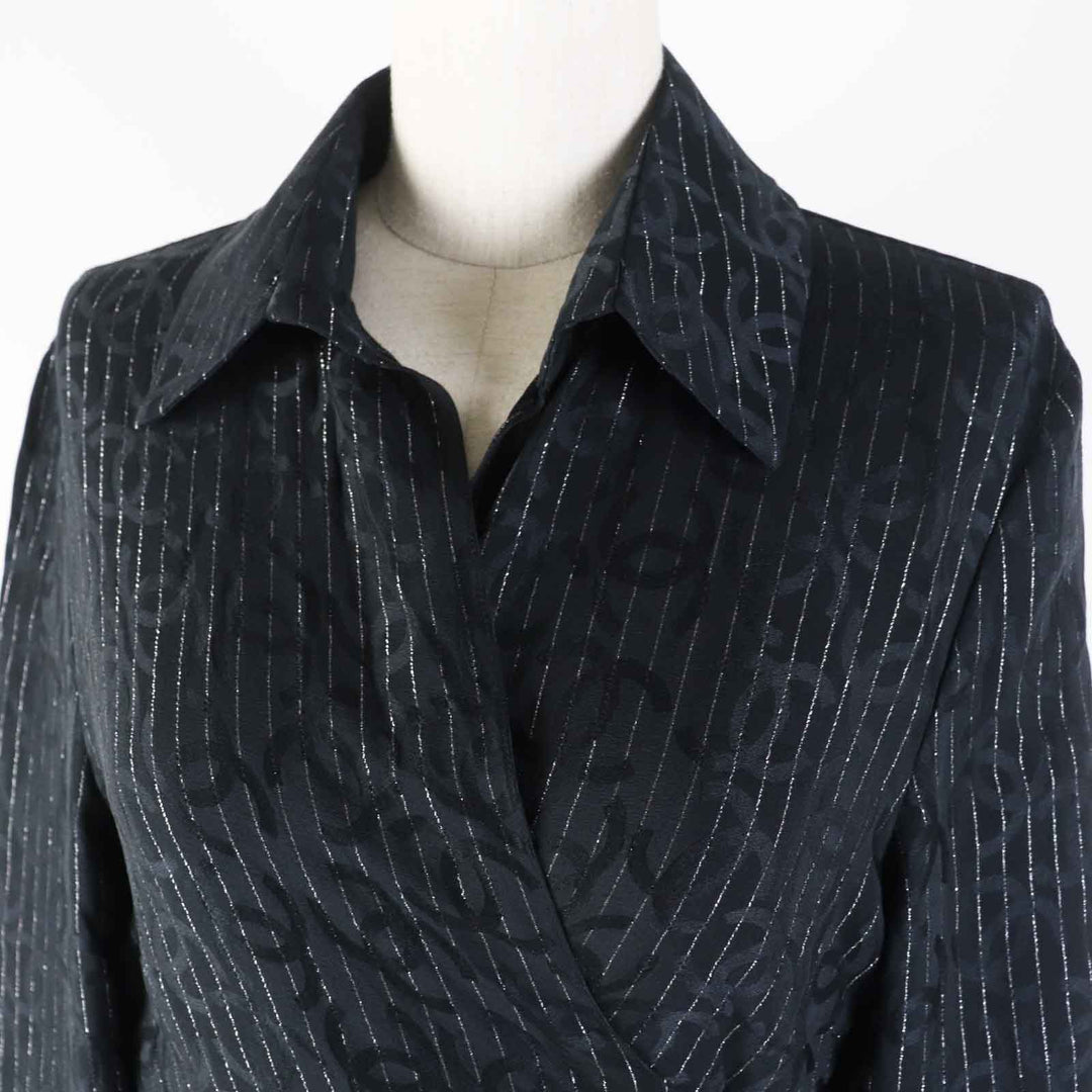 Great CHANEL Long sleeve shirt COCO Mark Black Silver silk Women 40 23P P74411