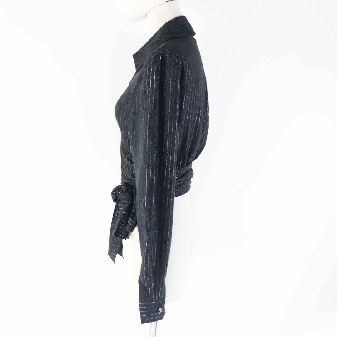 Great CHANEL Long sleeve shirt COCO Mark Black Silver silk Women 40 23P P74411