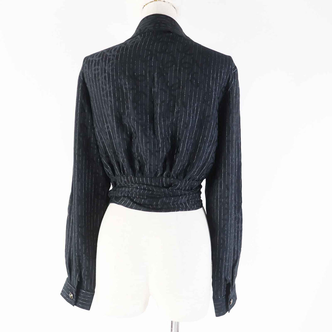 Great CHANEL Long sleeve shirt COCO Mark Black Silver silk Women 40 23P P74411