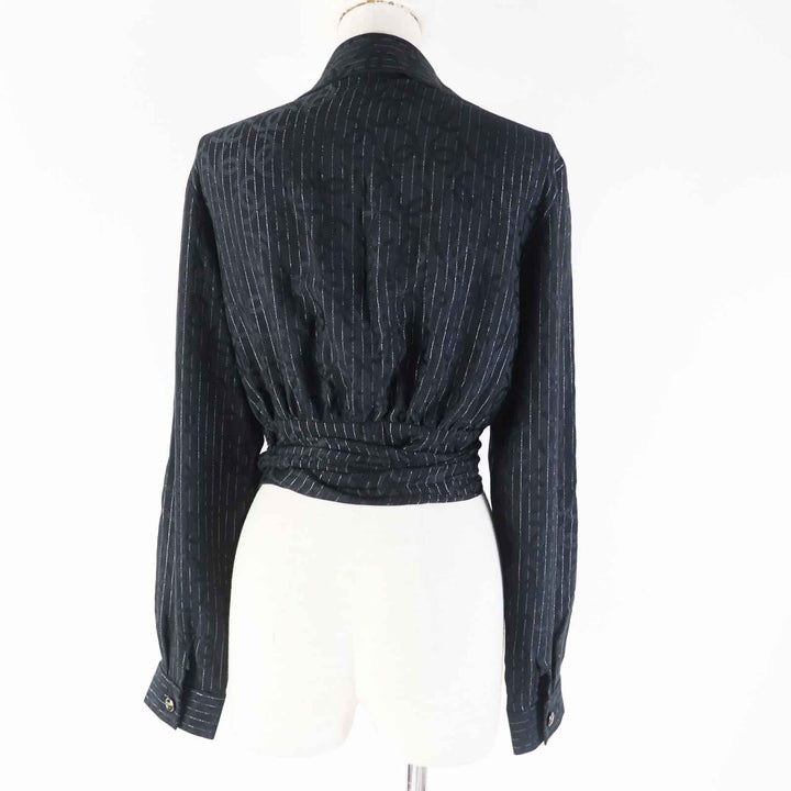 Great CHANEL Long sleeve shirt COCO Mark Black Silver silk Women 40 23P P74411