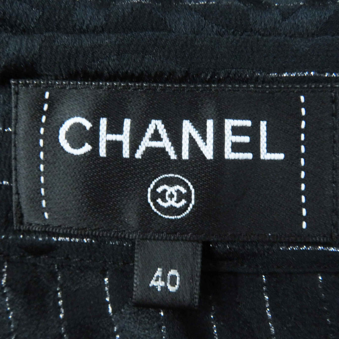 Great CHANEL Long sleeve shirt COCO Mark Black Silver silk Women 40 23P P74411