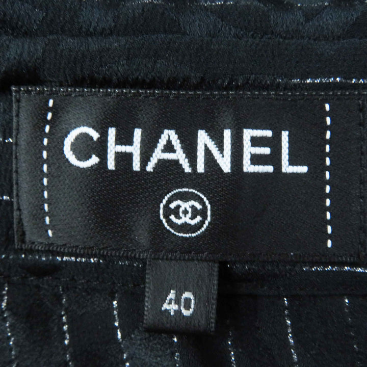 Great CHANEL Long sleeve shirt COCO Mark Black Silver silk Women 40 23P P74411