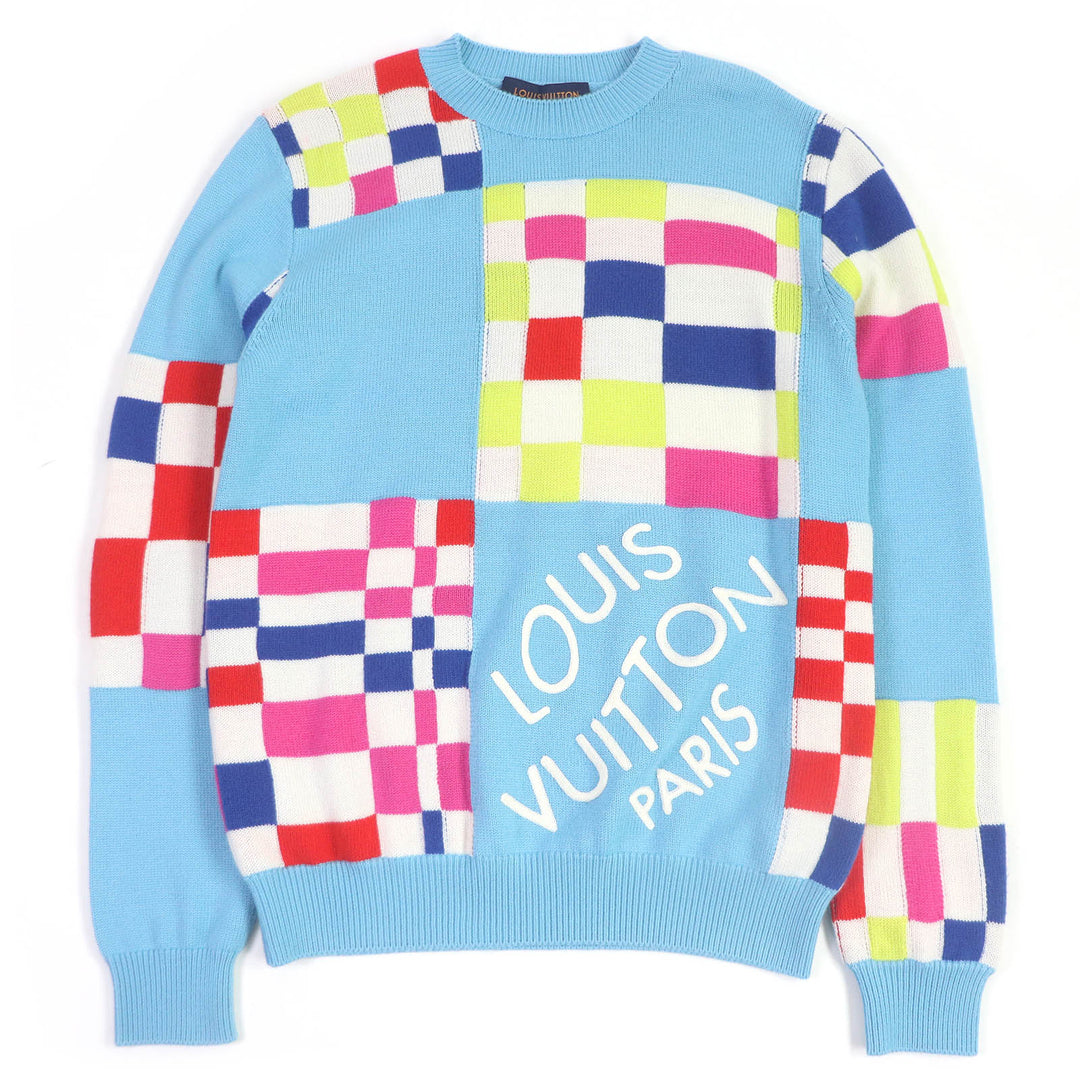 Excellent LOUIS VUITTON knit Distorted Giant Damier Sweater Light blue wool mens XS 1A8P48