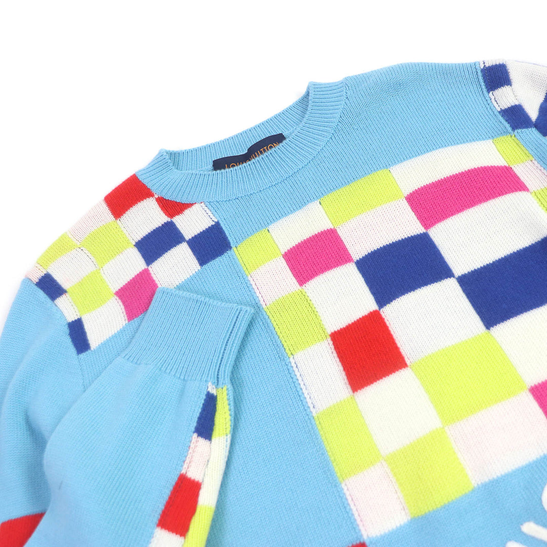 Excellent LOUIS VUITTON knit Distorted Giant Damier Sweater Light blue wool mens XS 1A8P48