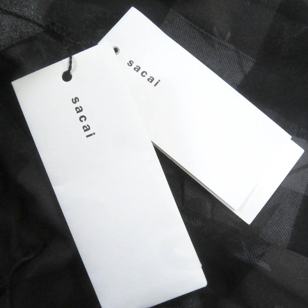 Pristine Sacai coat Eric Haze Check Logo Print Oversized Pleated charcoal cotton mens 1