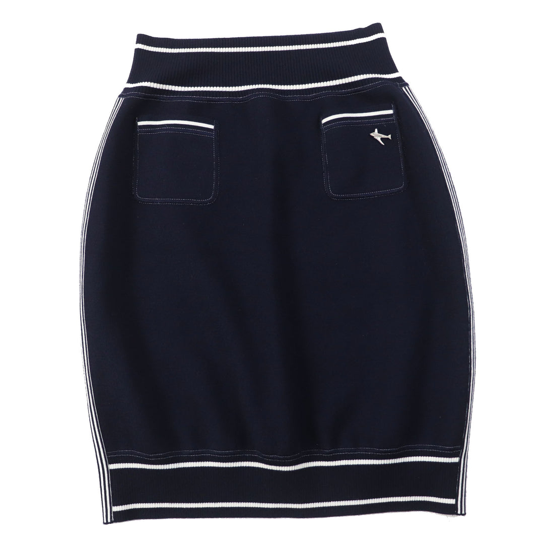 Great CHANEL skirt With airplane charm Dark Navy White cotton Women 40 08C P32497