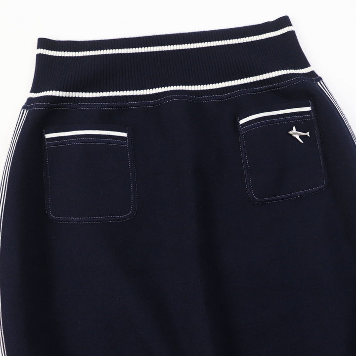 Great CHANEL skirt With airplane charm Dark Navy White cotton Women 40 08C P32497