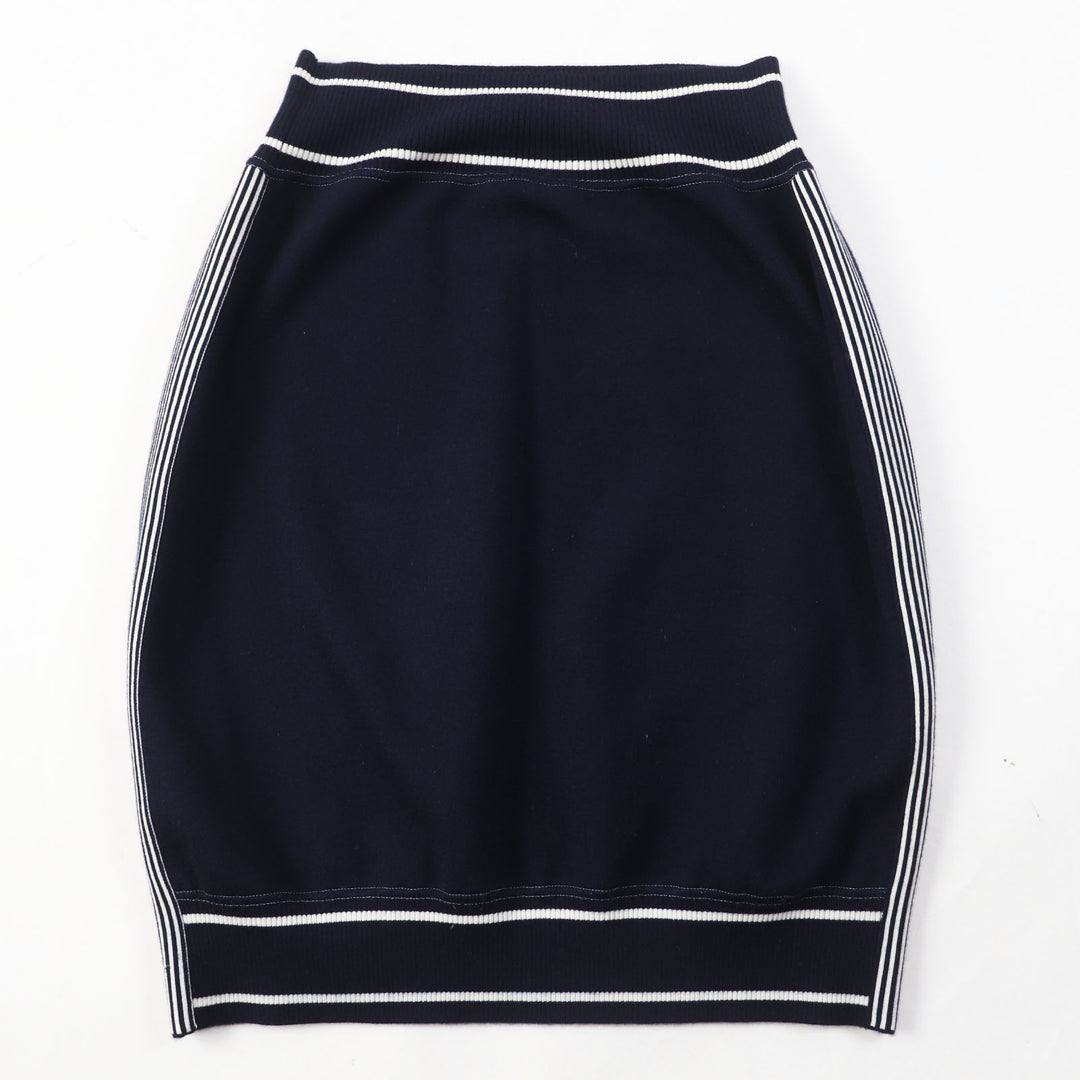 Great CHANEL skirt With airplane charm Dark Navy White cotton Women 40 08C P32497