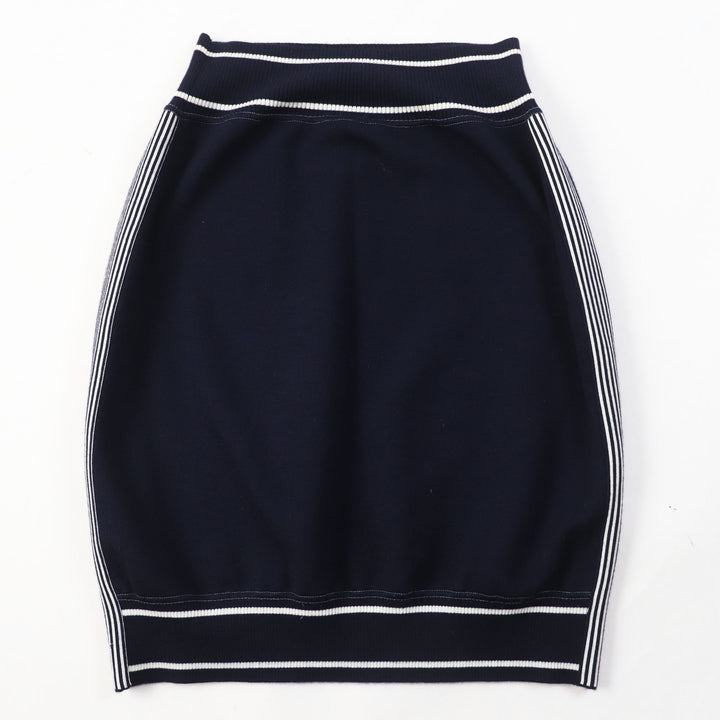 Great CHANEL skirt With airplane charm Dark Navy White cotton Women 40 08C P32497