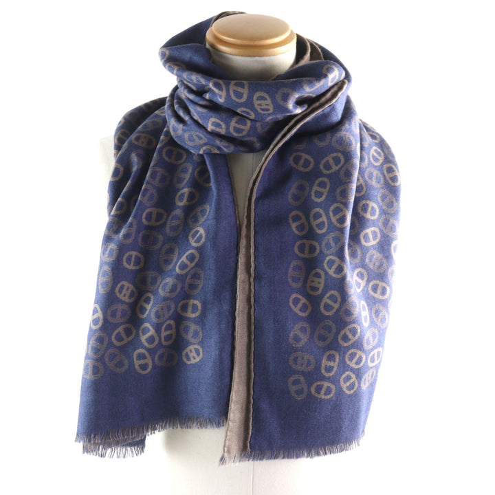 Great HERMES Scarf bicolor scarf Blue Light Brown cashmere mens