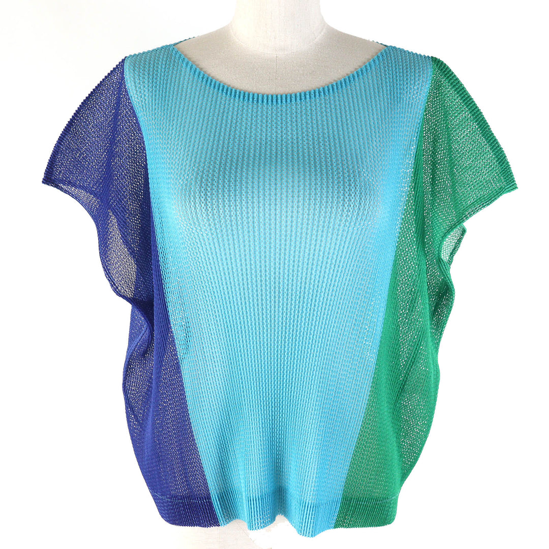 PLEATS PLEASE T-shirt Cap sleeve mesh top Green blue polyester Women 3