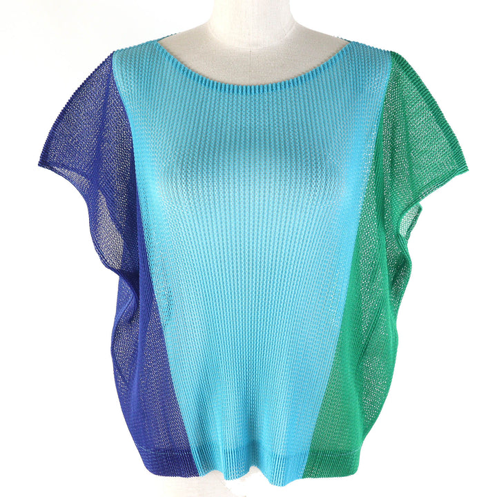 PLEATS PLEASE T-shirt Cap sleeve mesh top Green blue polyester Women 3