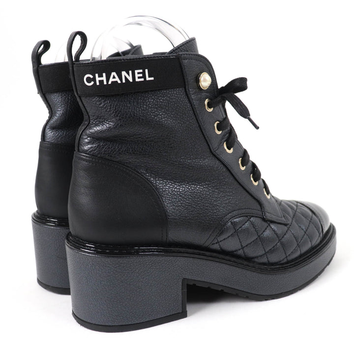 Excellent CHANEL Ankle boots Logo Matelasse F Pearl Lace-up Women 37 G38514