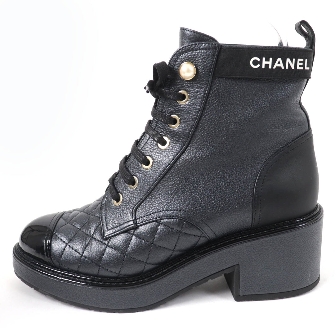 Excellent CHANEL Ankle boots Logo Matelasse F Pearl Lace-up Women 37 G38514