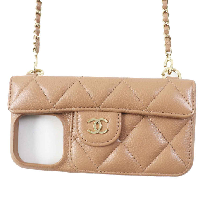 Great CHANEL iPhone case iPhone14 Pro Caviar Skin COCO Mark Brown beige Women AP3553