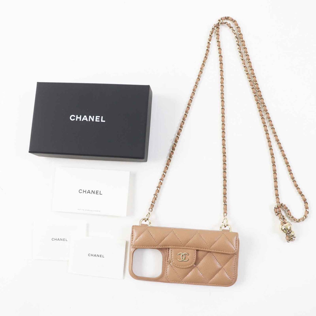 Great CHANEL iPhone case iPhone14 Pro Caviar Skin COCO Mark Brown beige Women AP3553