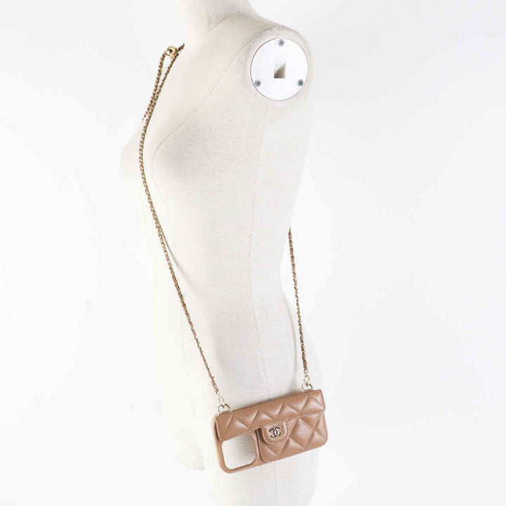 Great CHANEL iPhone case iPhone14 Pro Caviar Skin COCO Mark Brown beige Women AP3553