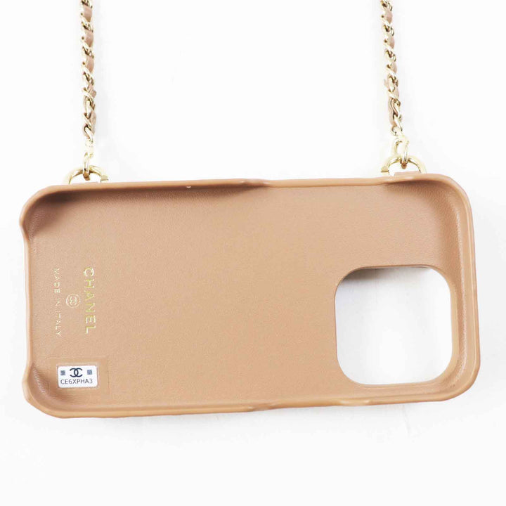 Great CHANEL iPhone case iPhone14 Pro Caviar Skin COCO Mark Brown beige Women AP3553